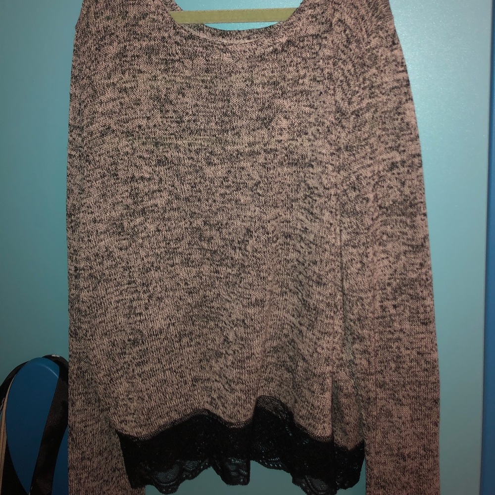 Grey Sweater With Lace Trim